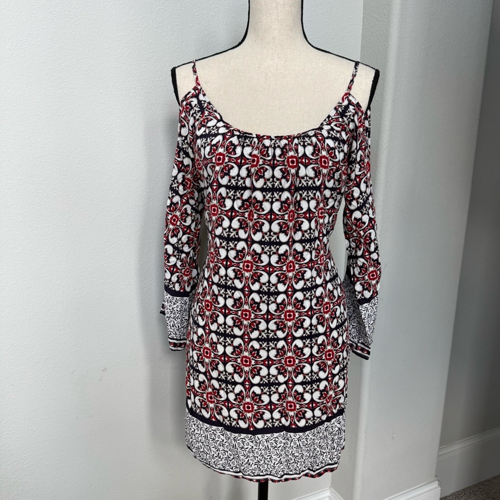 Umgee Red, Black & White Cold-Shoulder Printed Mini Dress